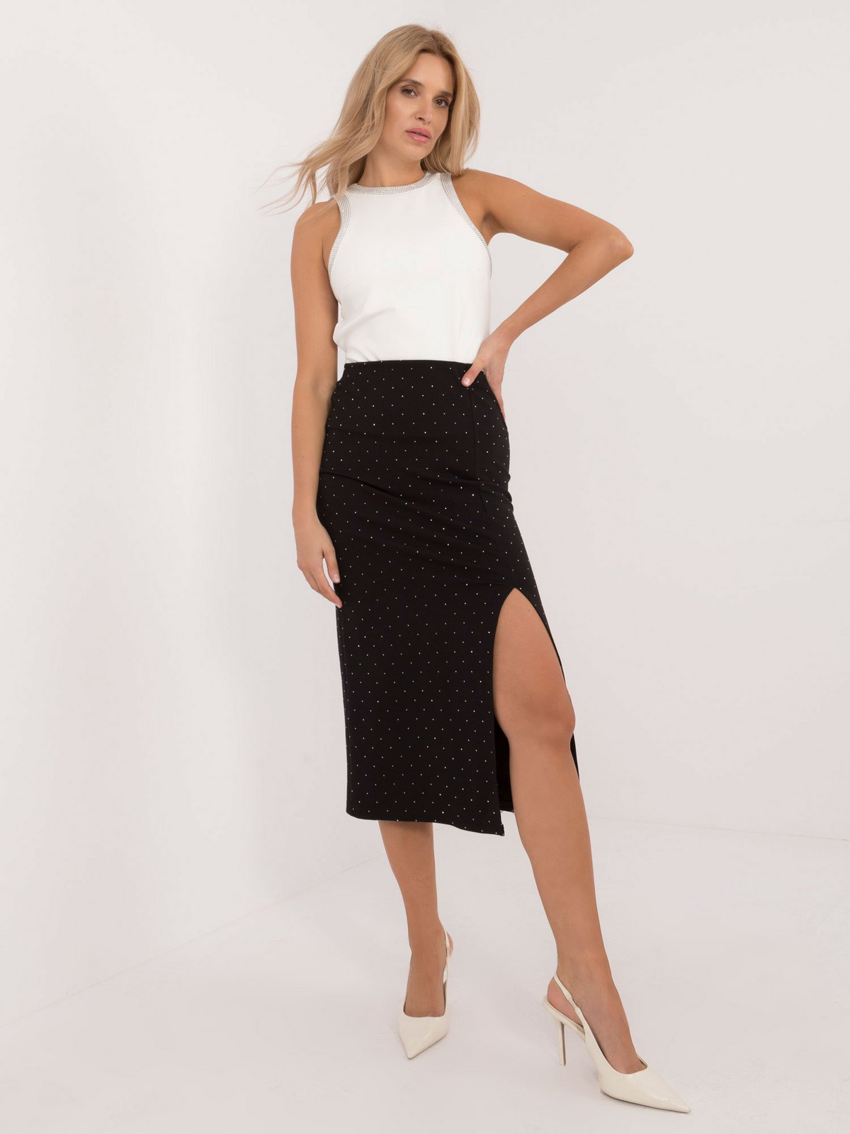 Black midi pencil skirt with rhinestones