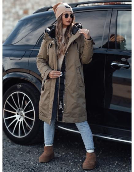 Dámska prechodná bunda ELEGANTI dlhá s kapucňou béžová