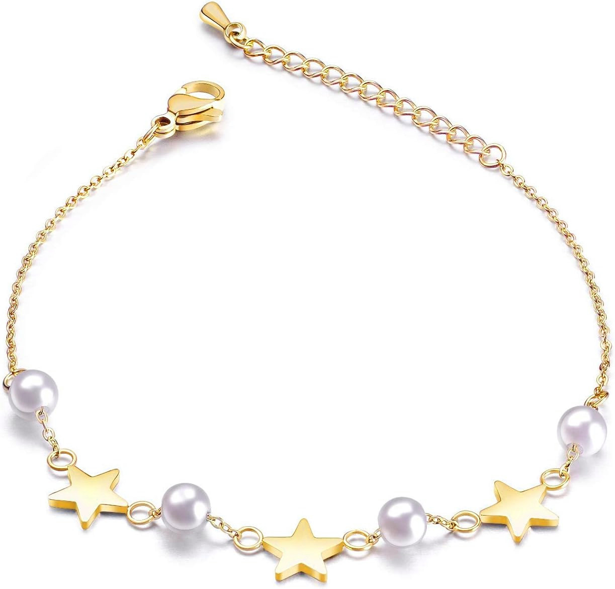 Troli Žlto pozlátený náramok s perlami a hviezdami