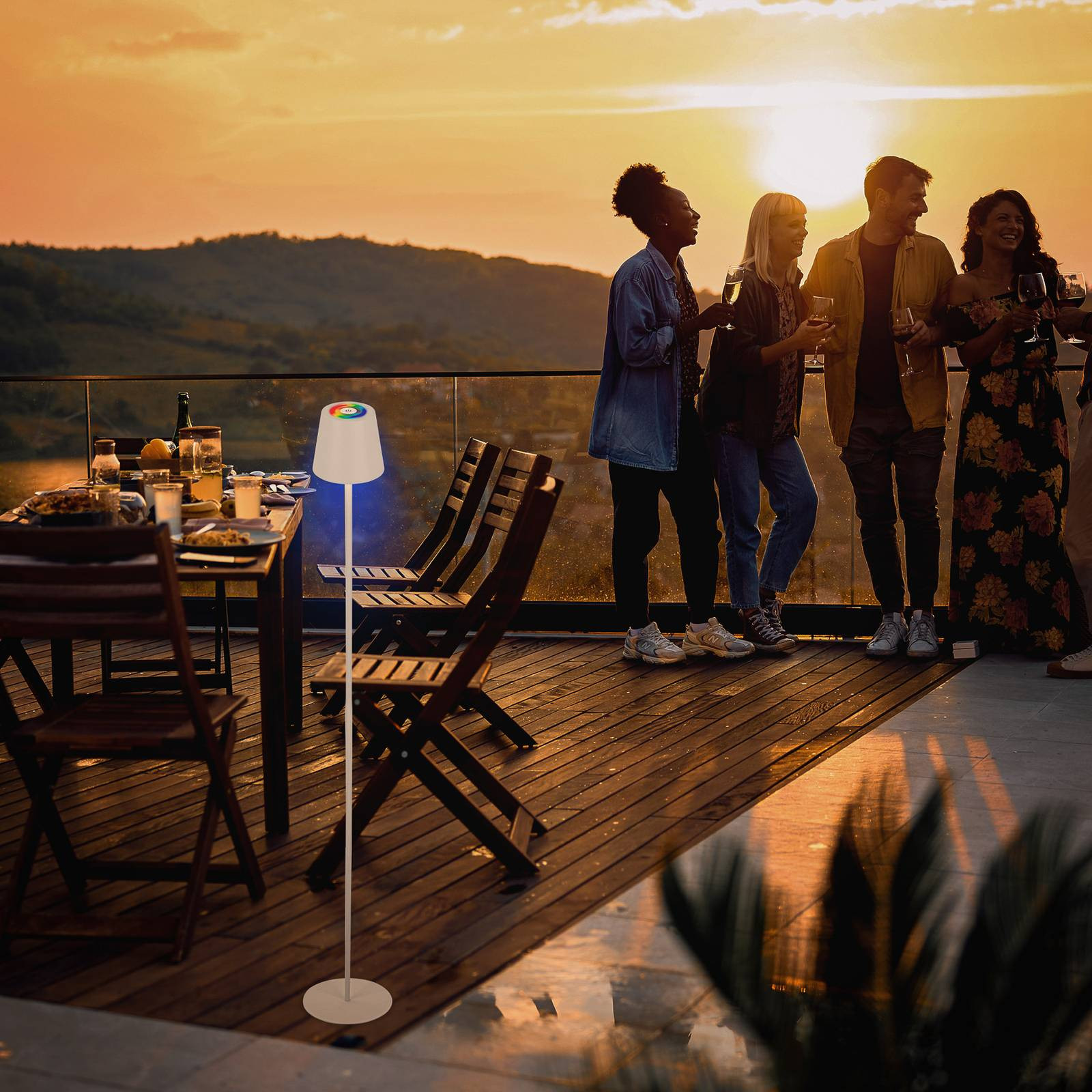 LED dobíjacia stojacia lampa Coloris, biela, RGB, stmievač, IP44, USB