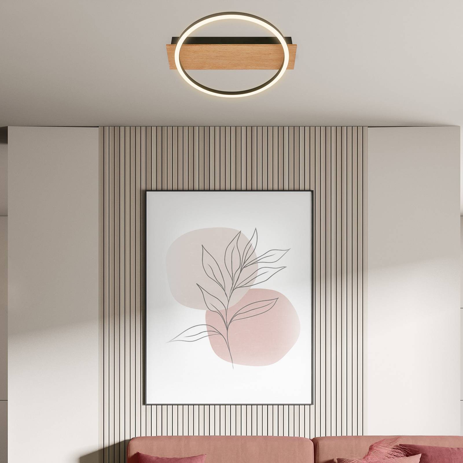 Kada LED stropné svietidlo, Ø 30 cm, drevo, kov, čierna
