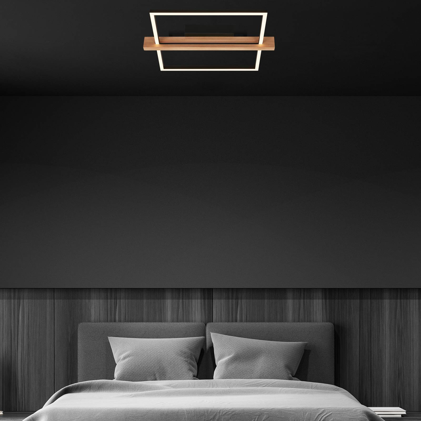 Stropné svietidlo Moldura LED, 43x35 cm, drevo, kov, čierna