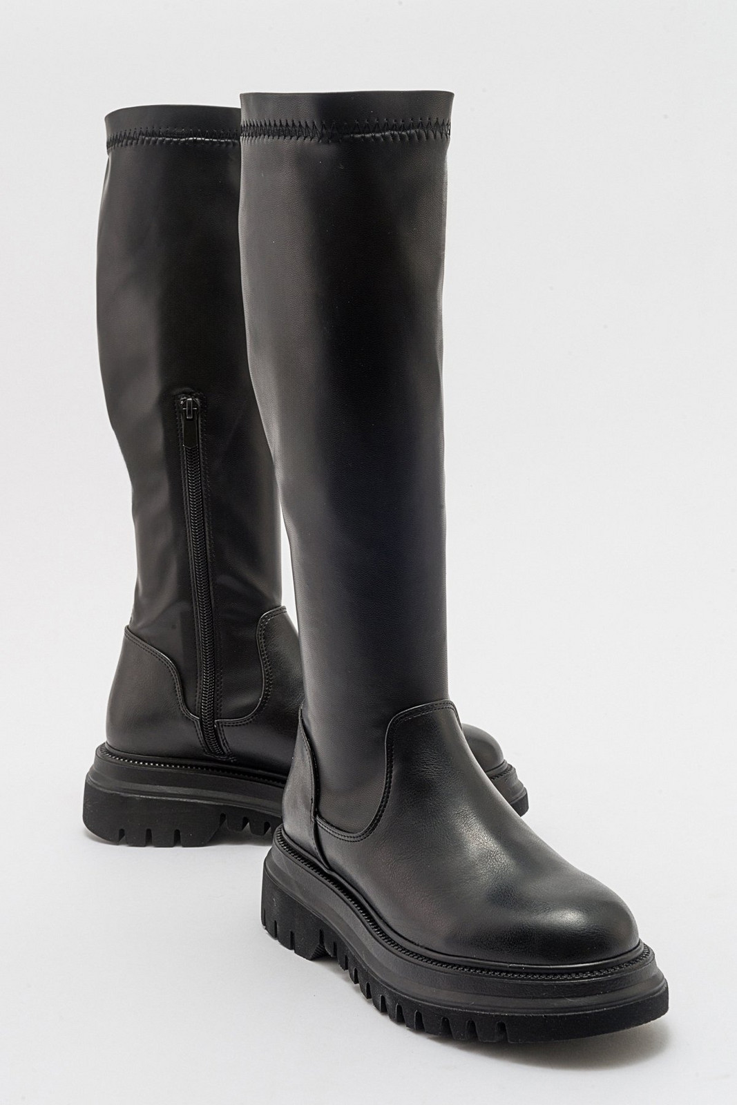 LuviShoes HENİN Black Stretch Knee-High Women's Flat Boots