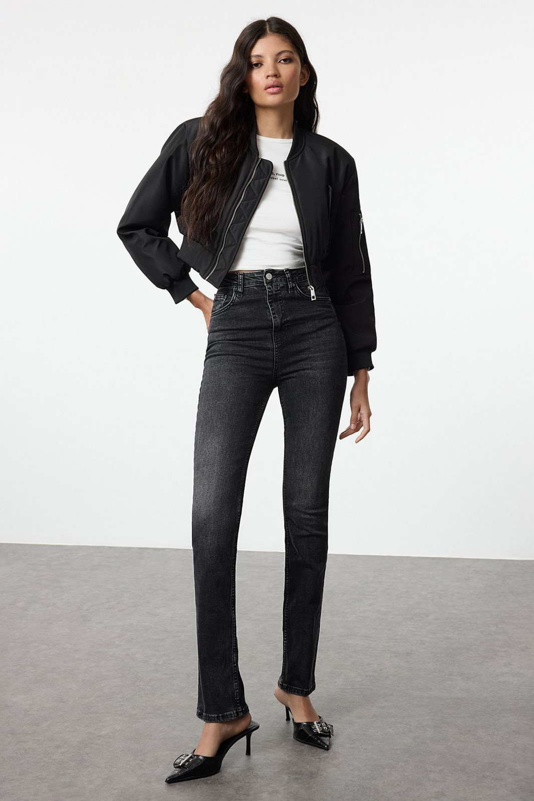 Trendyol Black Slit Super High Waist Slim Flare Jeans