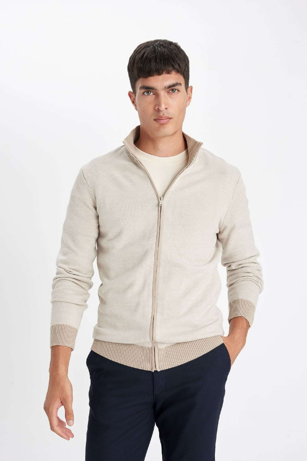 DEFACTO Men's Beige Standard Fit Regular Cut Stand Collar Zippered Jacquard Cardigan