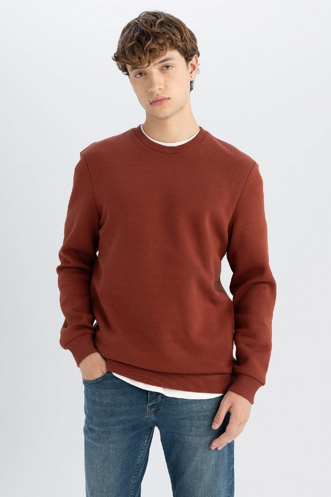 DEFACTO Men's White 3 Thread Cotton Raised Polar Fleece Regular Fit Crew Neck Thick Sweatshirt