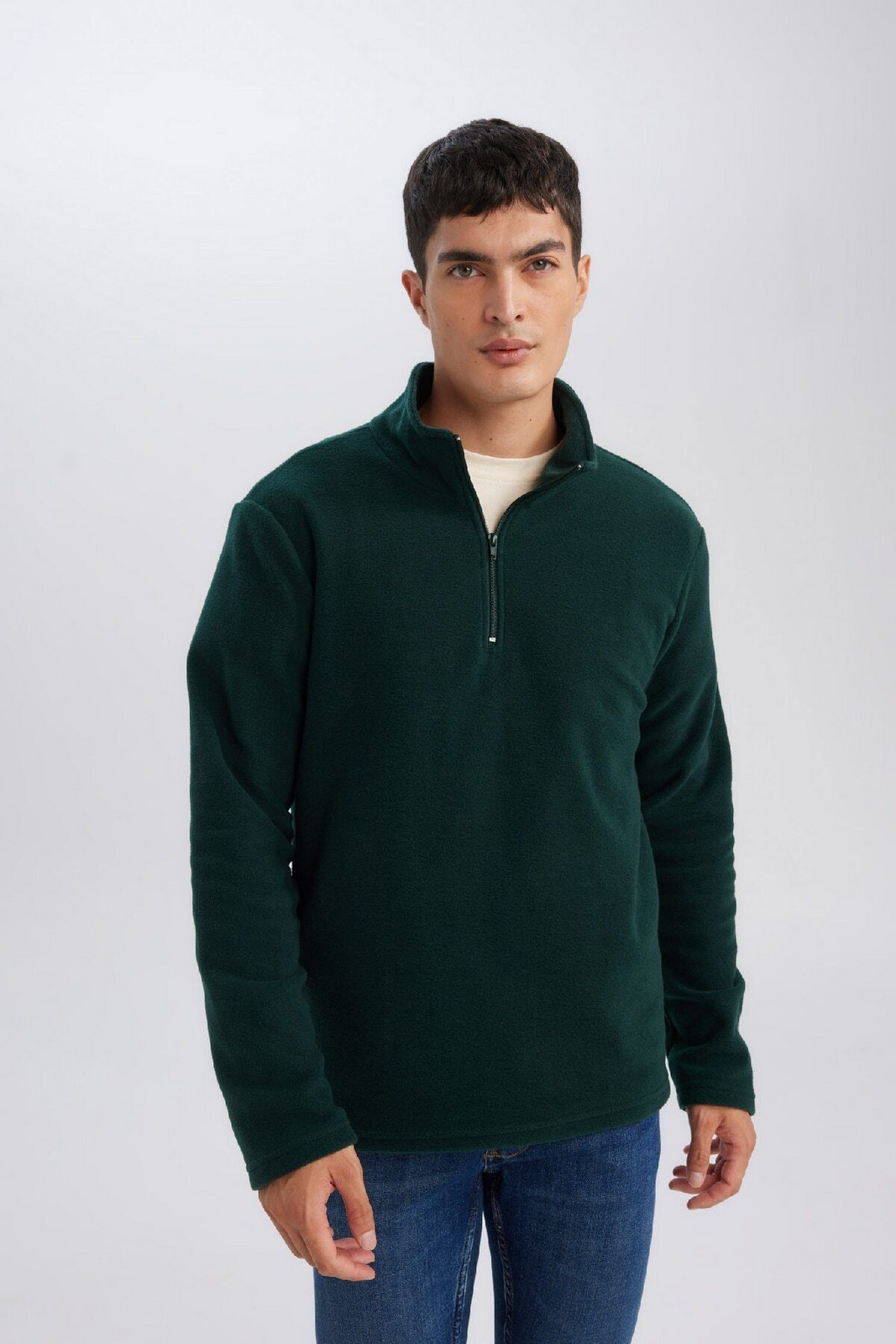 DEFACTO Men's Anthracite Non-Pilling Cold-Proof Regular Fit Stand-up Collar Zippered Polar Fleece Sweatshirt Y39