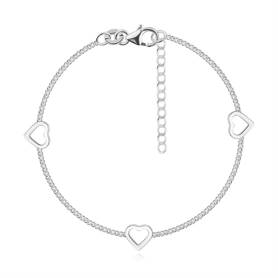 Strieborný 925 náramok - tri obrysy srdca, skosené retiazkové očká