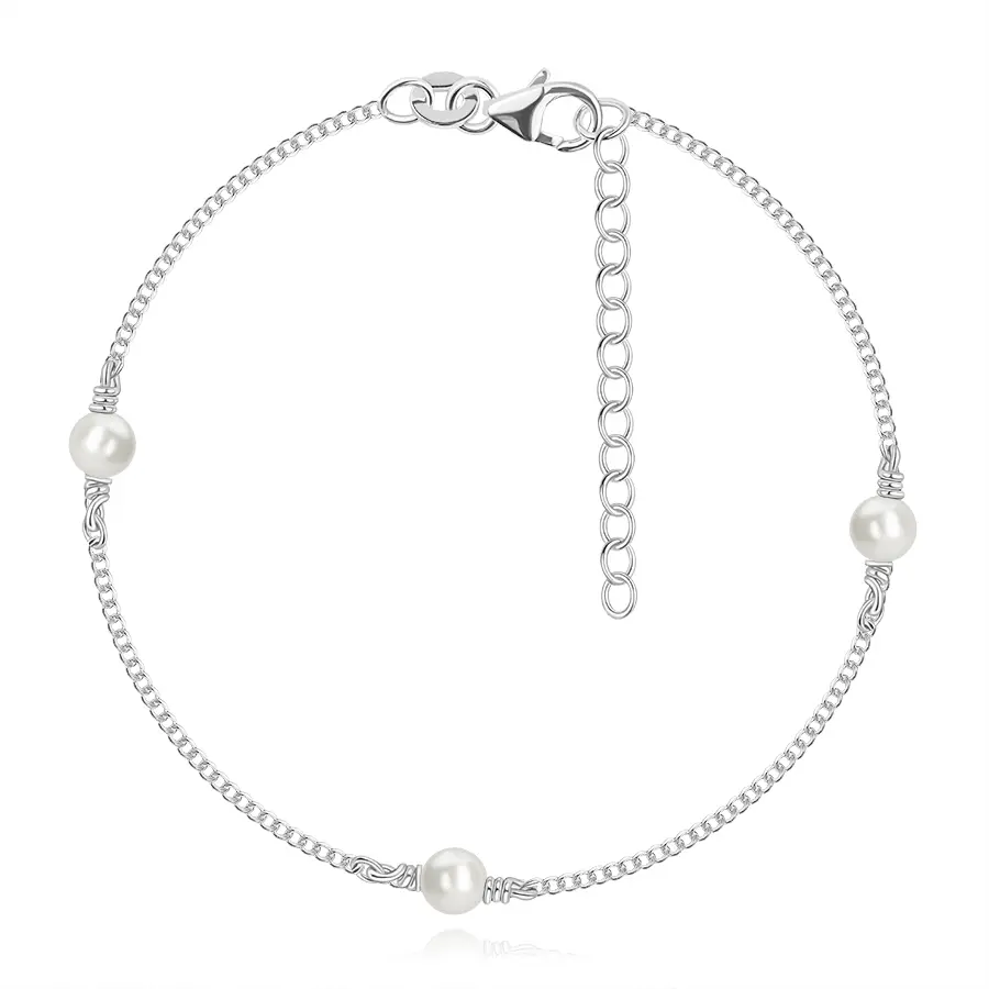 Náramok z 925 striebra - okrúhle Swarovski perličky, skosené očká