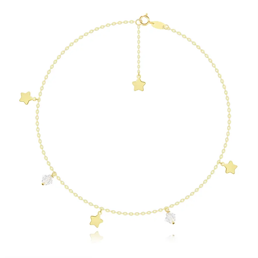 Náramok na zápästie alebo členok zo žltého 9K zlata - ploché hviezdy, číre krištále Swarovski