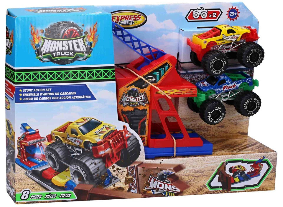 Autá Monster truck kaskadérska dráha s 2 kovovými autami