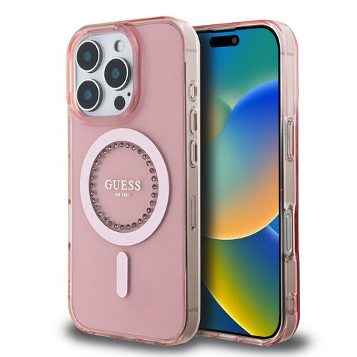 Guess IML Rhinestones Ring MagSafe Zadní Kryt pro iPhone 16 Pro Pink
