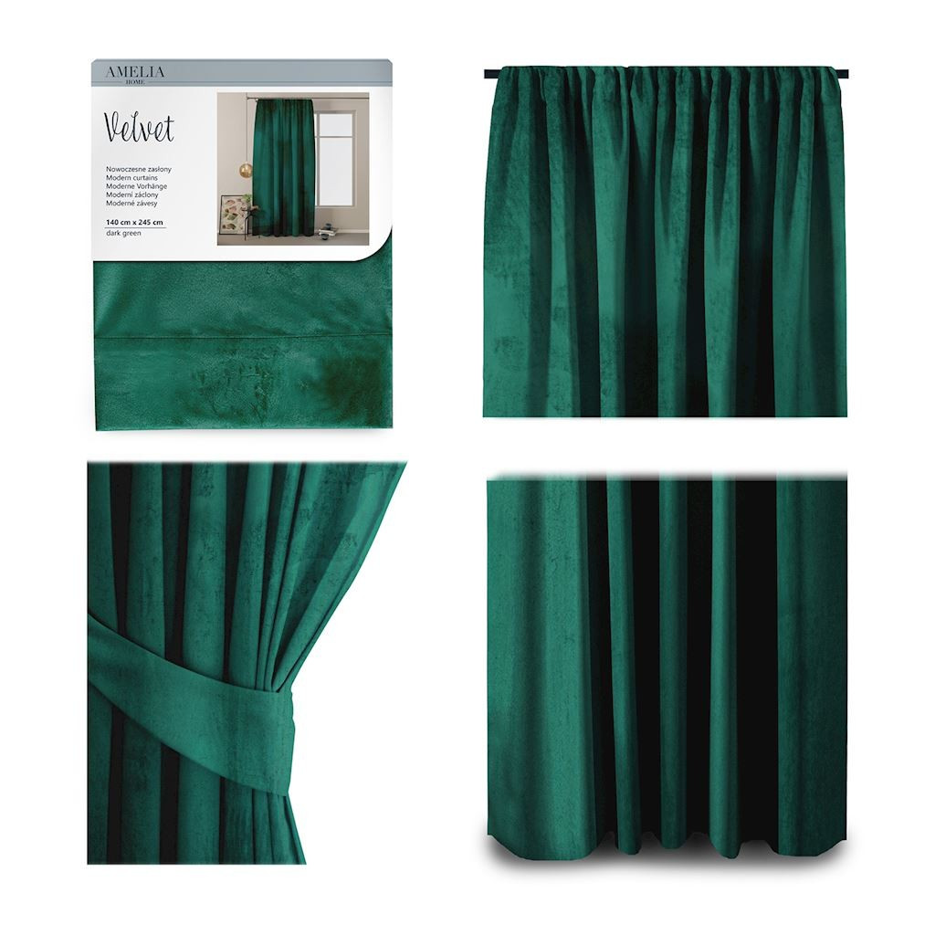Závěs Amelia Home Velvet s řasící páskou zelený