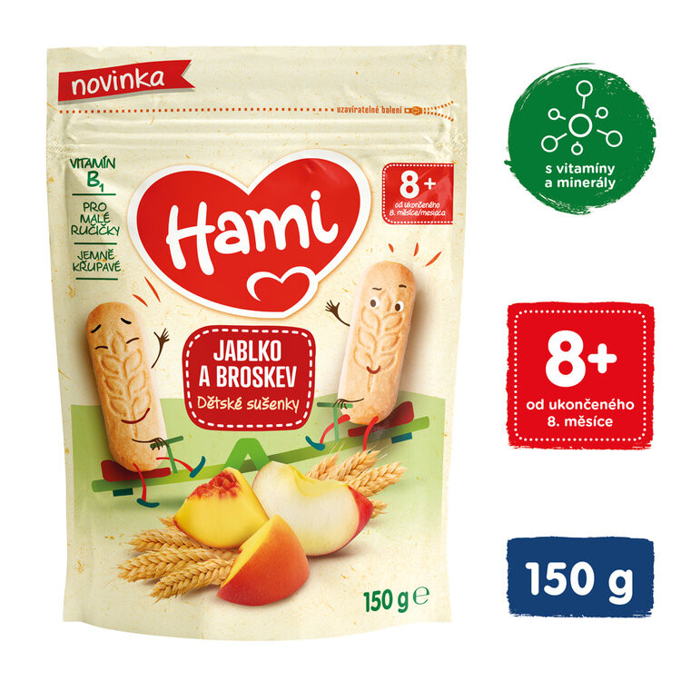 HAMI Sušienky detské jablko a broskyňa 150g, od uk. 8. mesiaca