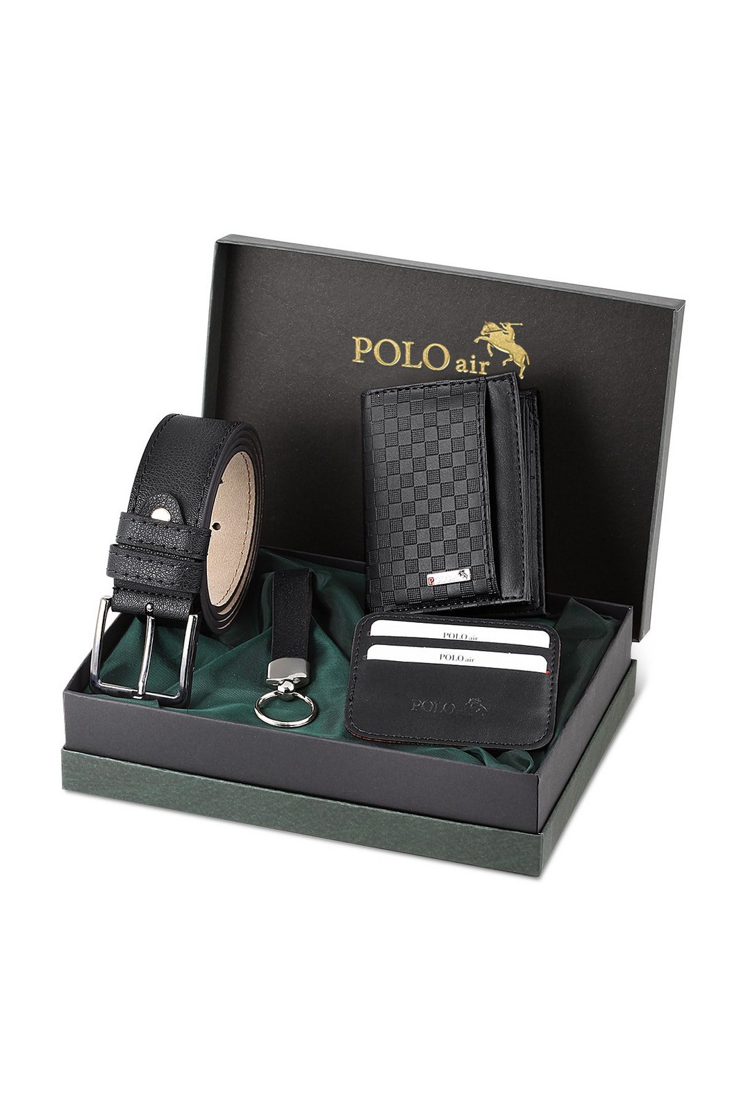 Polo Air Peňaženka so vzorom šachovnice Vytvára vlastný držiak na karty Pásik na kľúče Kombinovaný čierny set.