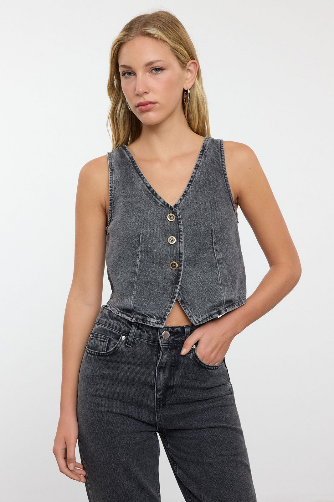 Trendyol Anthracite Denim Vest