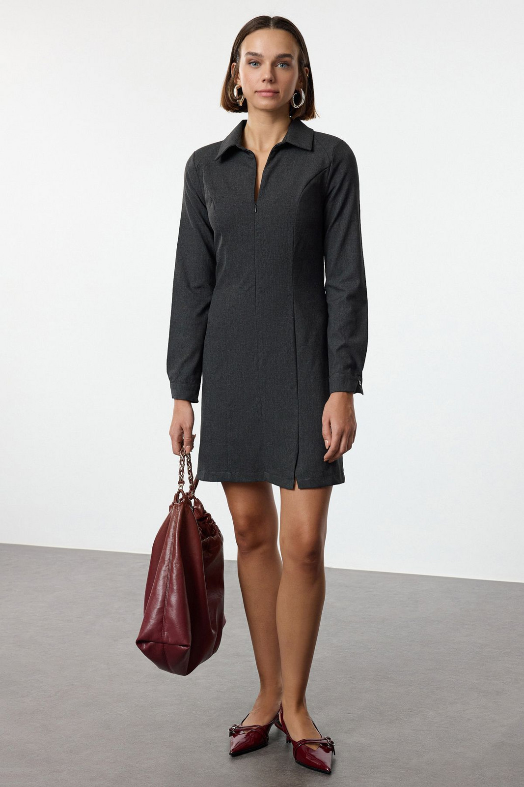 Trendyol Anthracite A-Line Shirt Collar Zipper Detailed Polyviscose Mini Woven Dress