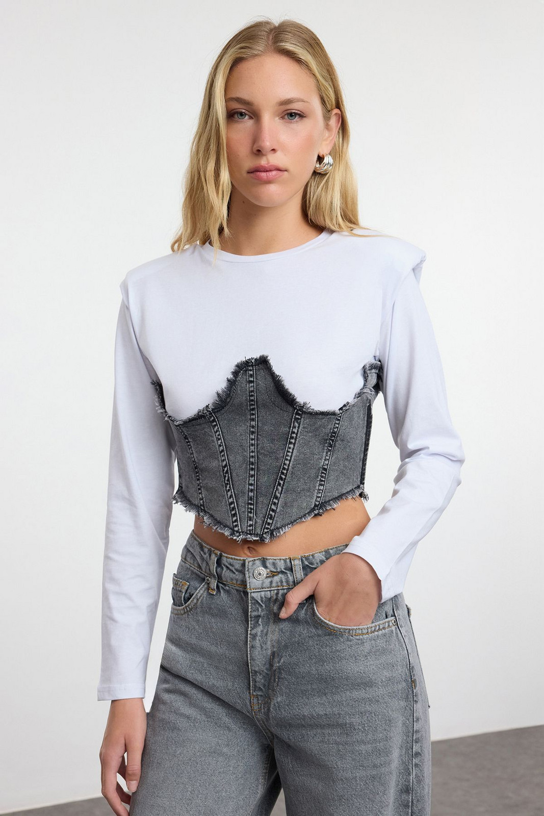 Trendyol Anthracite Denim Garnished Padded Fitted/Body-Sit Knitted Blouse