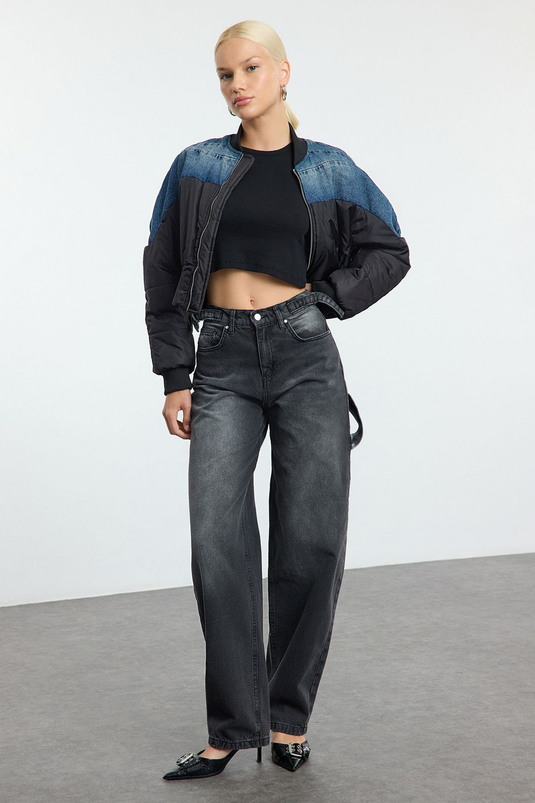 Trendyol Anthracite Loose Cut High Waist Carpenter Skater Jeans
