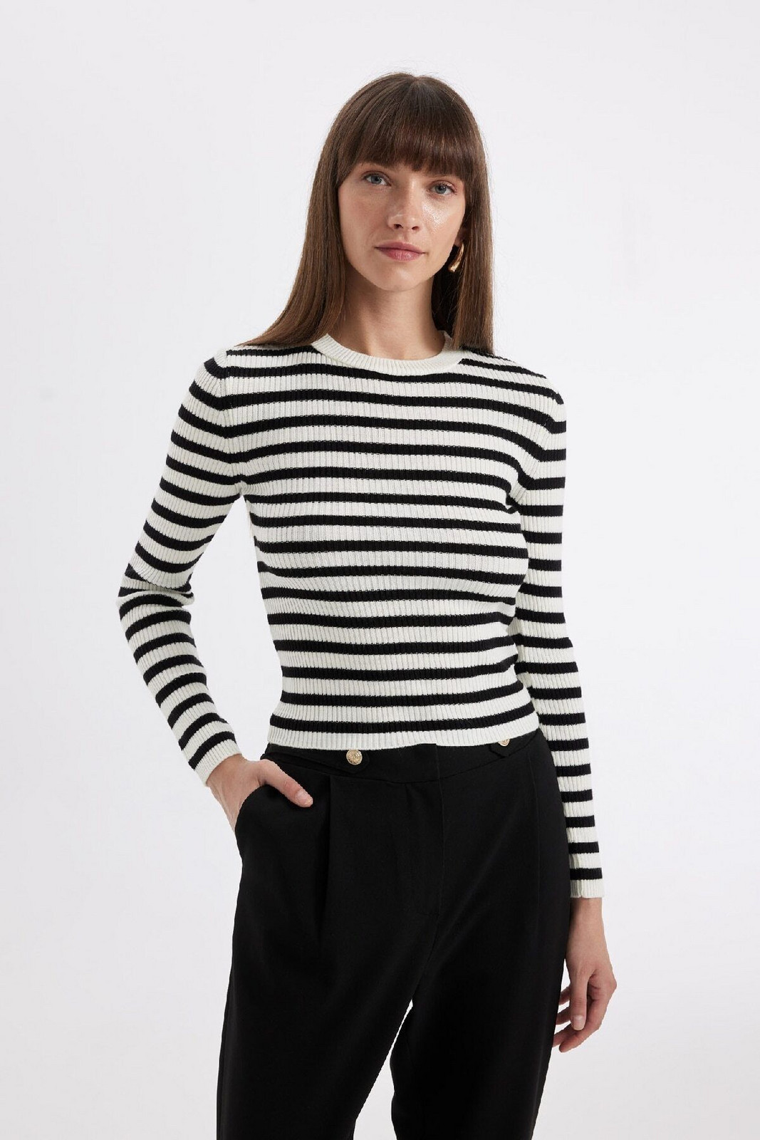DEFACTO Basic Striped Crew Neck Ribbed Knitwear Sweater