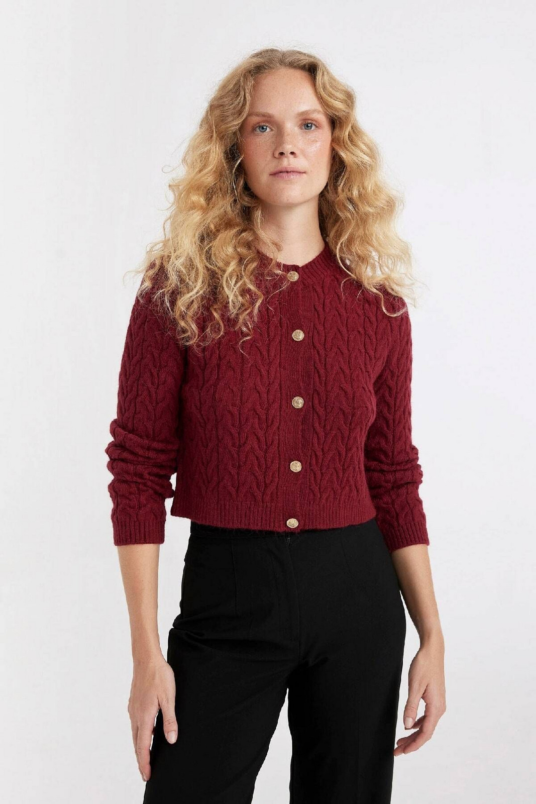 DEFACTO Regular Fit Crew Neck Knitted Patterned Button Closure Knitwear Cardigan