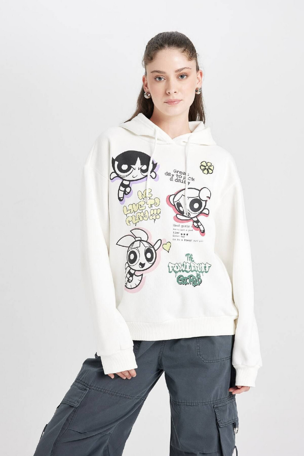 DEFACTO Cool PowerPuff Girls Oversize Fit Hooded Printed Thick Fabric Sweatshirt