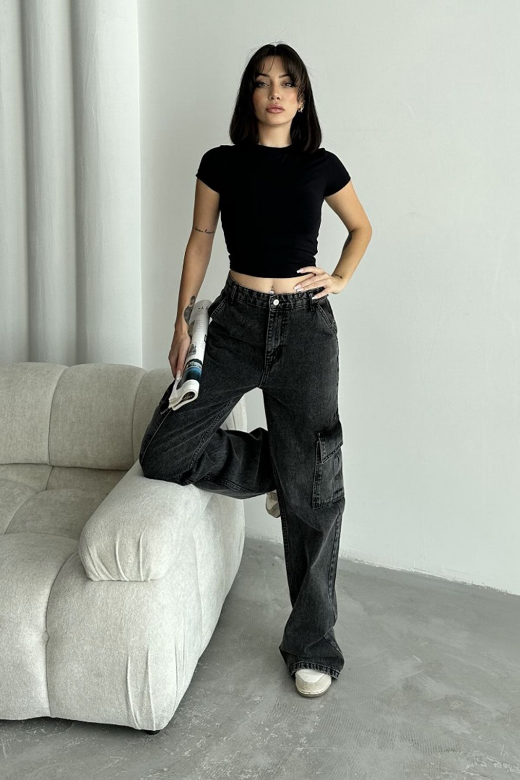 Trendyol Anthracite Cargo Pocket High Waist Wide Leg Jeans