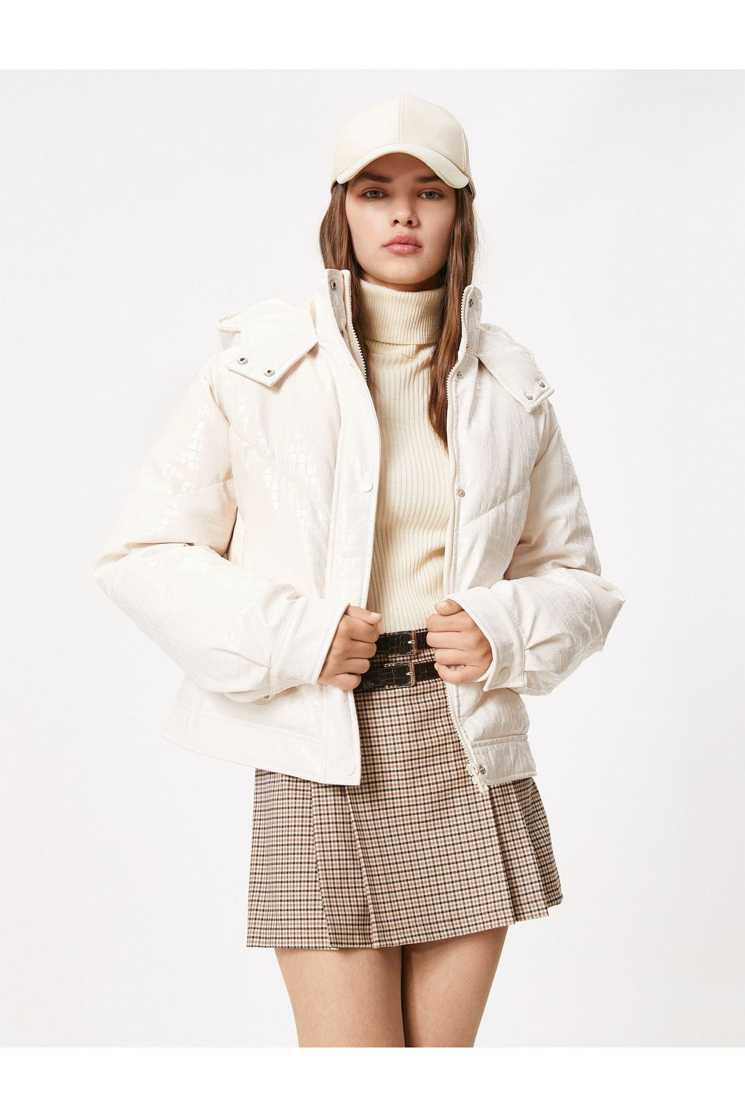 Koton Coat Crocodile Faux Leather Look Hooded High Neck with Pocket
