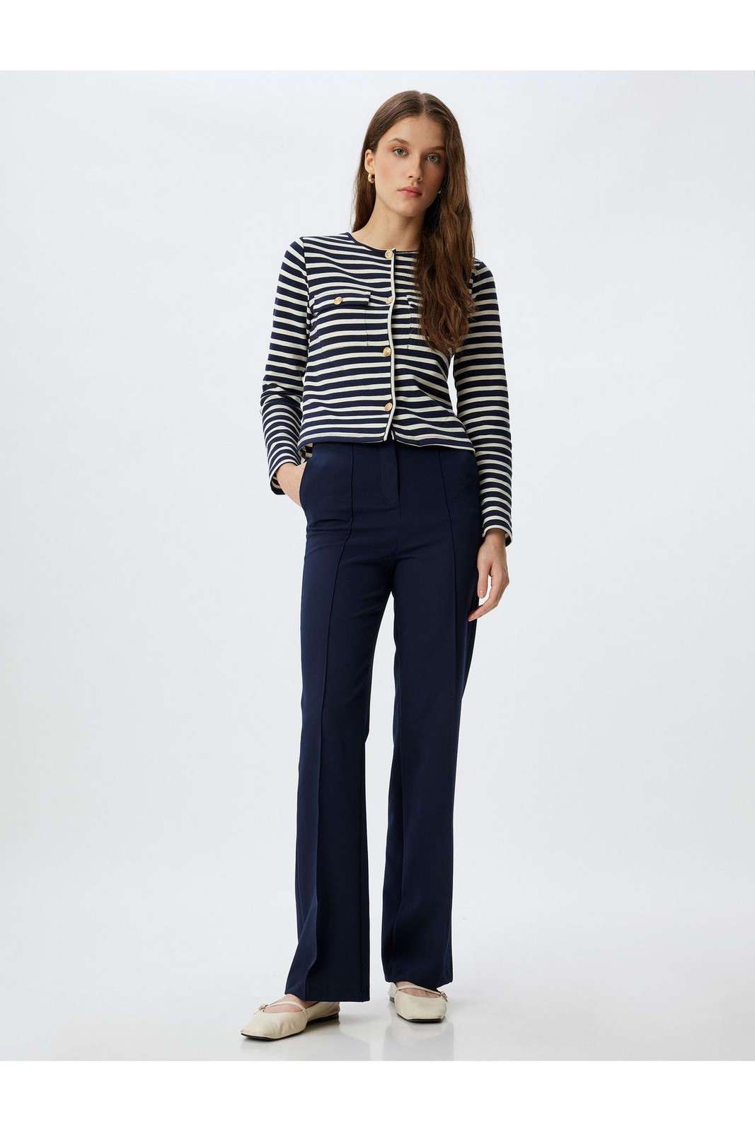 Koton Round Neck Cardigan with Flap Pocket Detail and Gold Buttons