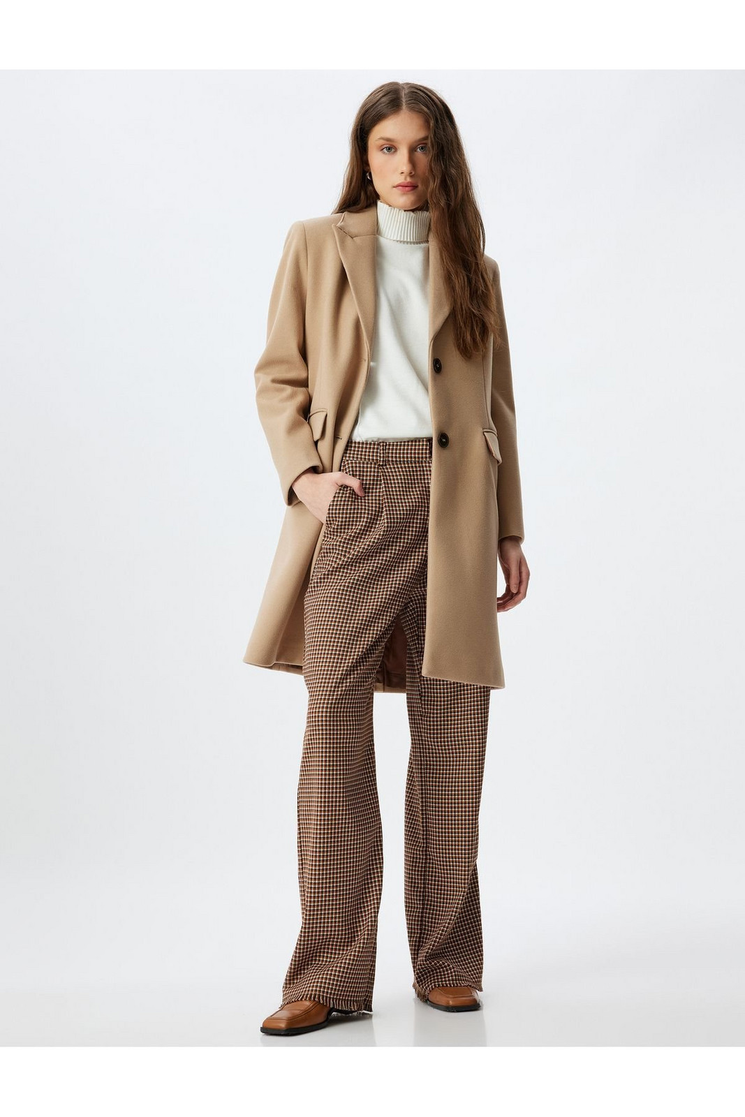 Koton Long Double Breasted Cashmere Coat with Reverse Collar and Buttoned Pockets