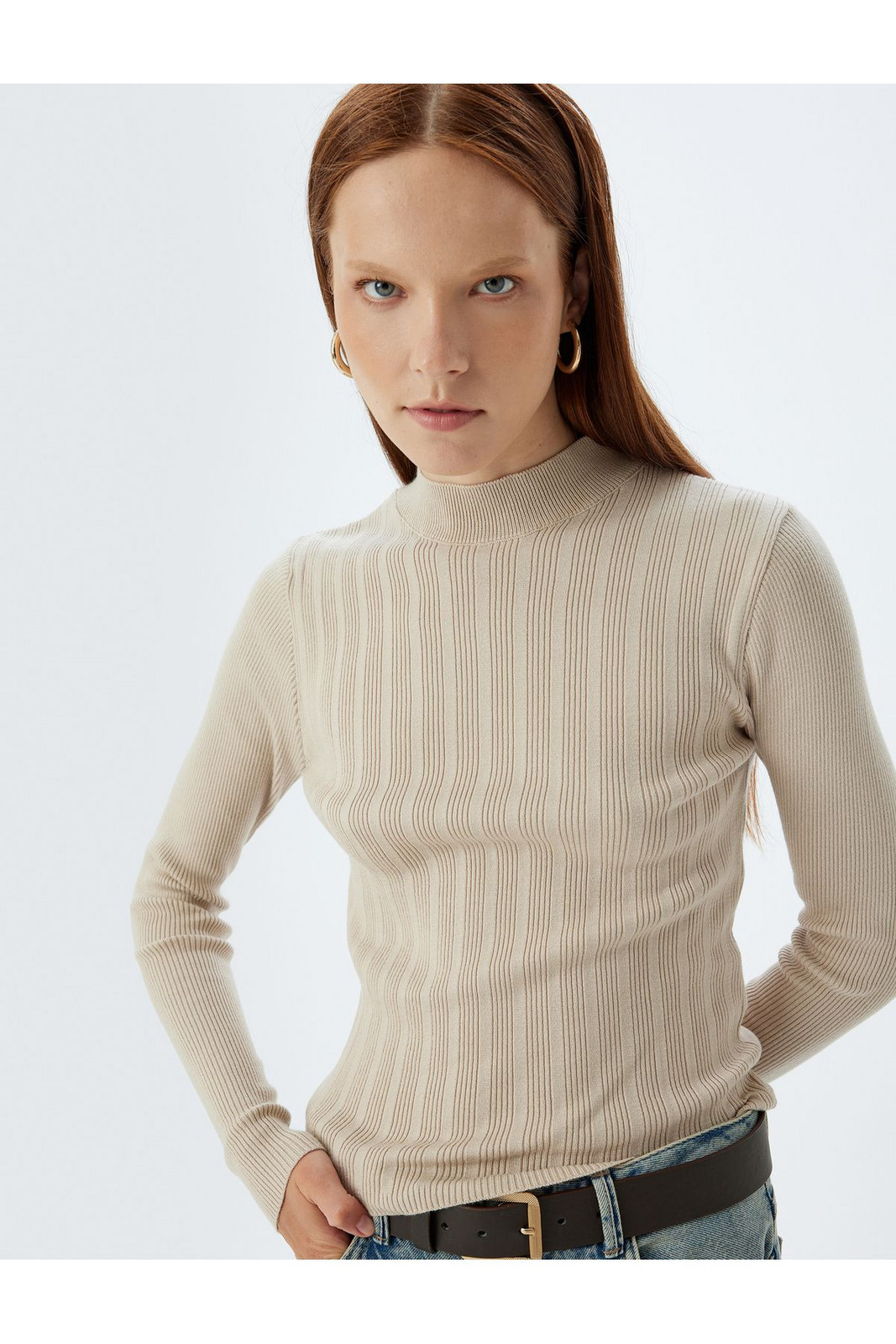 Koton Stand Collar Knitwear Sweater Long Sleeve Textured Slim Fit