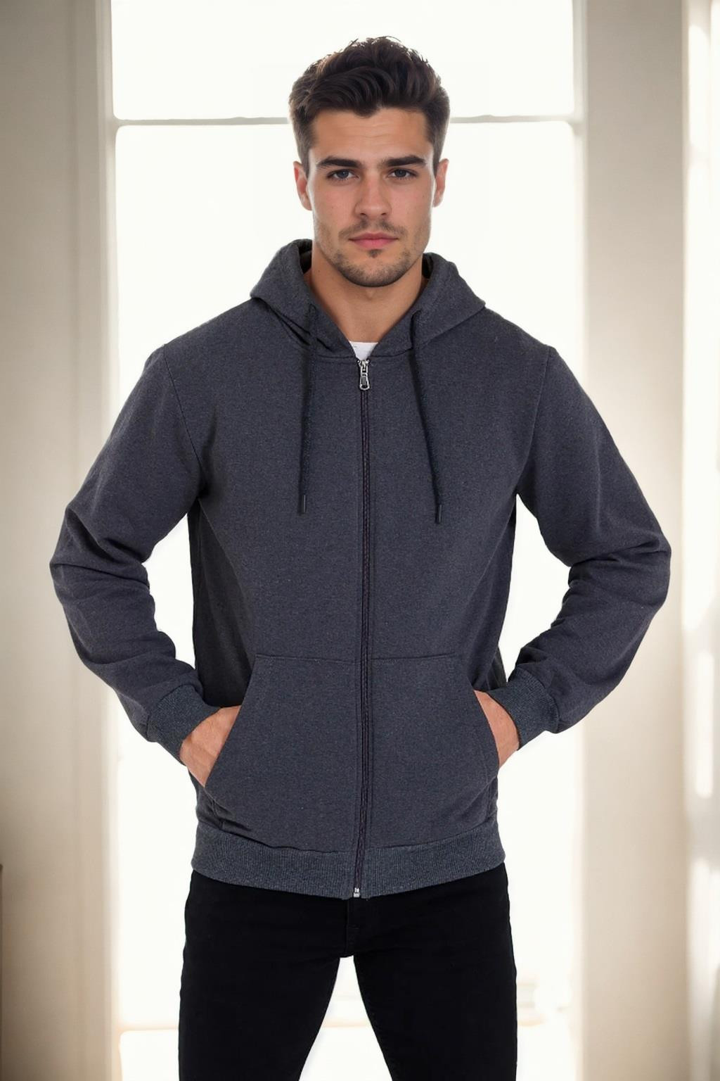 94090 Dewberry Kangaroo Pocket Hooded Zipper Mens Sweatshirt-ANTHRACITE