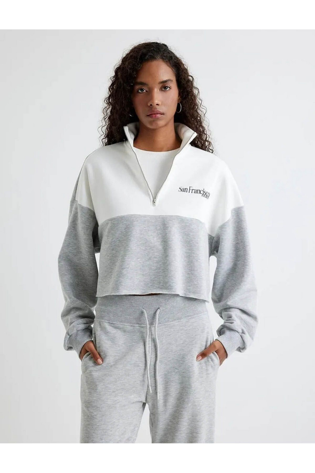 Koton Half Zip Crop Sweatshirt Color Block Printed Back Stand Collar
