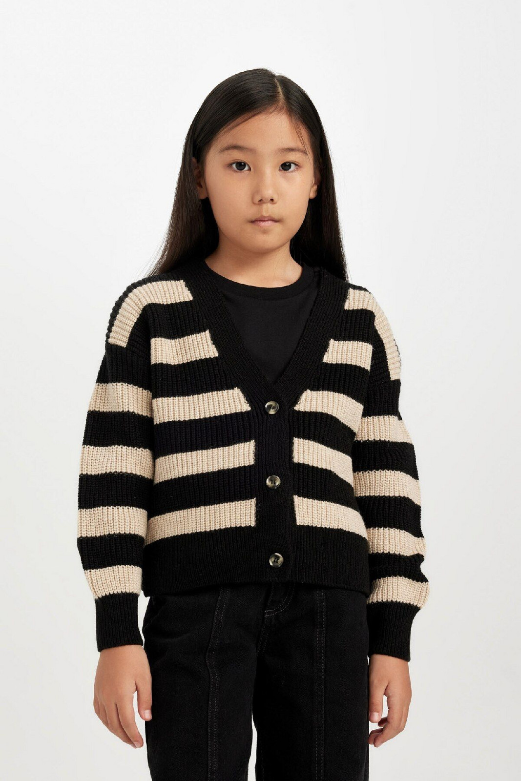 DEFACTO Girl V Neck Striped Button Closure Knitwear Cardigan