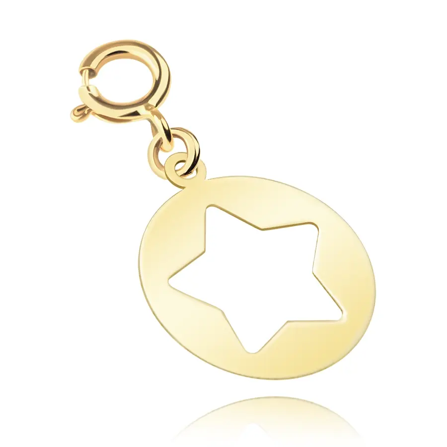 Prívesok na náramok zo žltého 9K zlata - plochý kruh s výrezom hviezdy