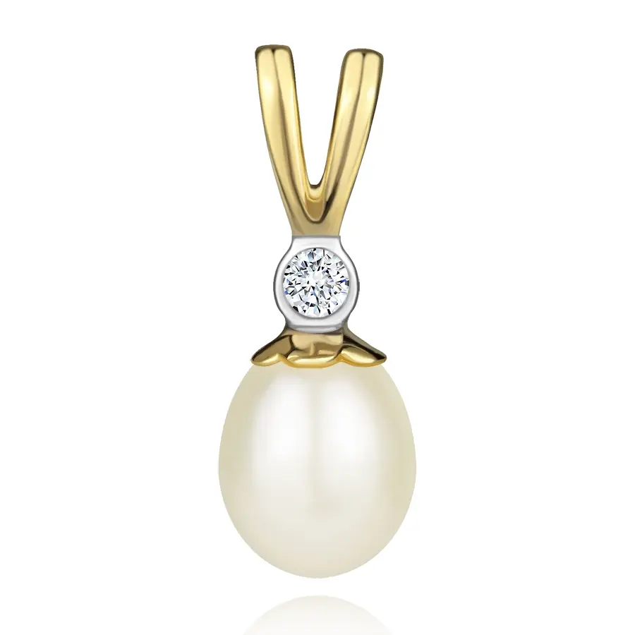 Prívesok z kombinovaného 9K zlata - biela sladkovodná perla, číry zirkón