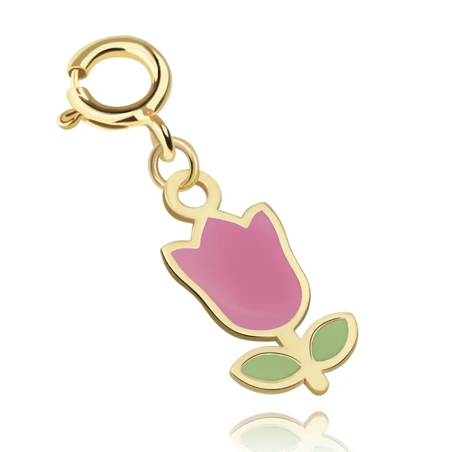 Prívesok v žltom 9K zlate - tulipán s ružovou hlavičkou a zelenými listami