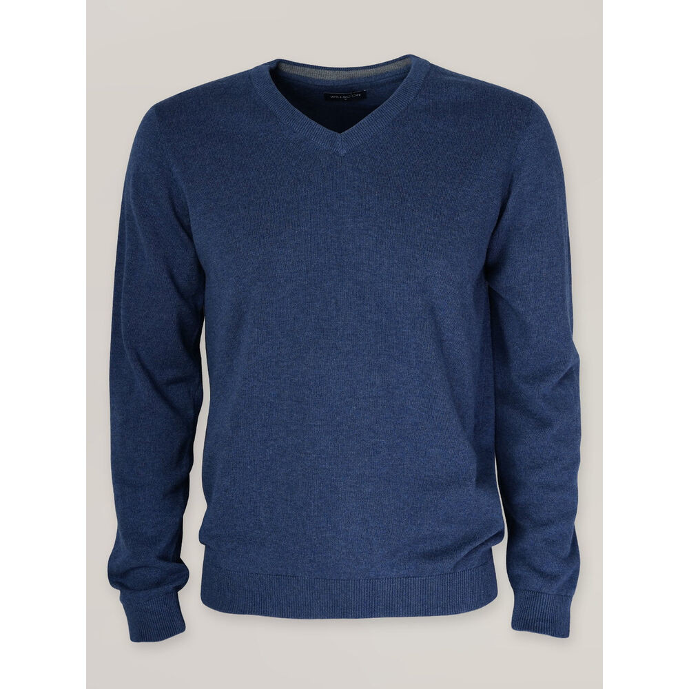 Pánsky tenký sveter modrý s výstrihom do V 17615