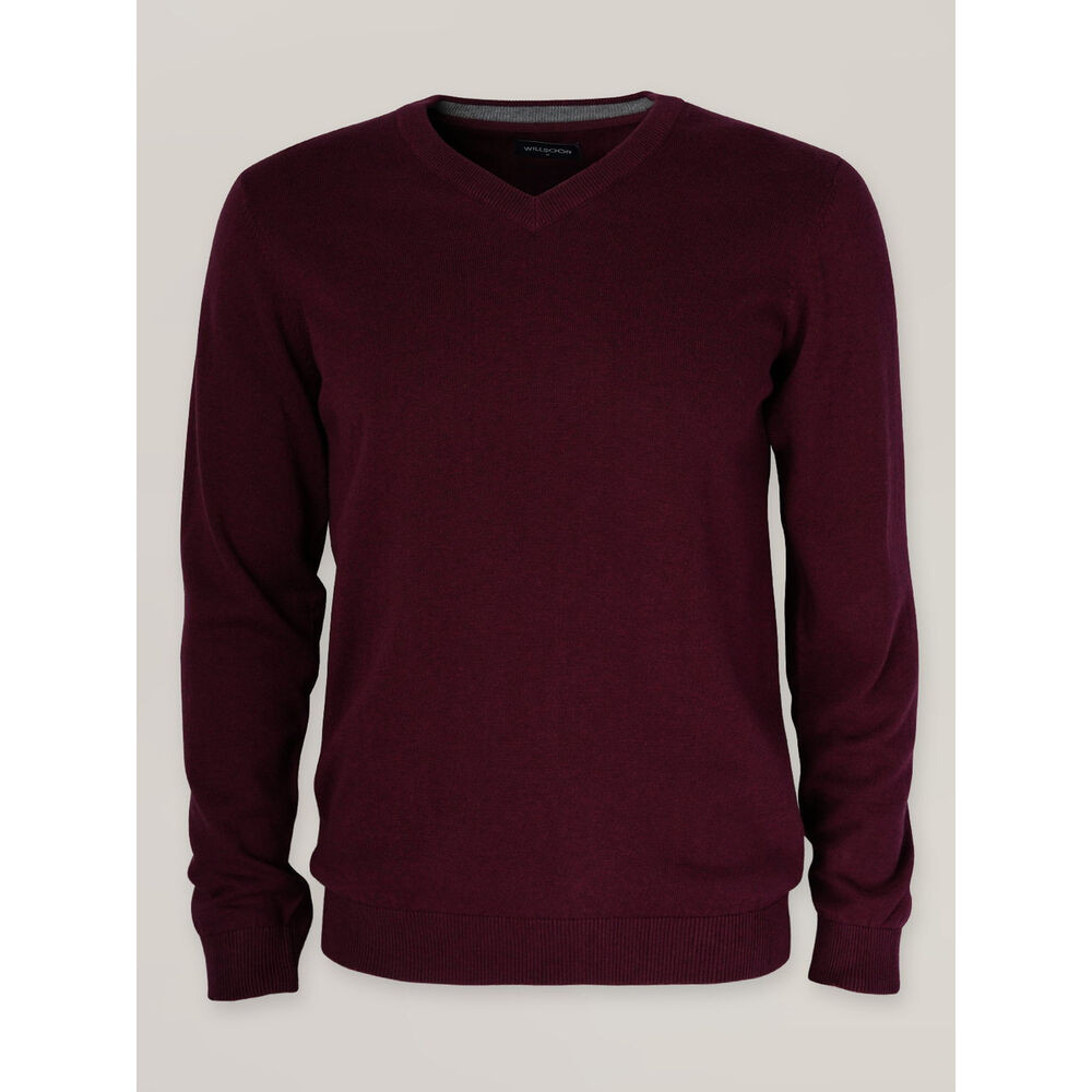 Pánsky tenký sveter v bordovej farbe s výstrihom do V 17616