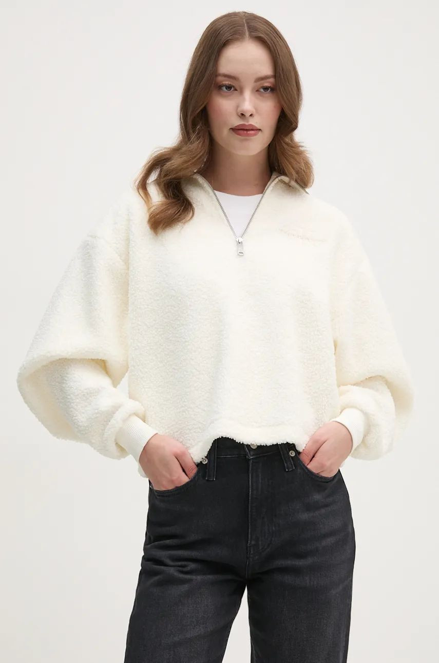 Fleecová mikina Calvin Klein Jeans biela farba, s nášivkou, J20J224180