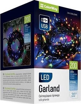 ColorWay CW-G-200L20UMC, LED reťaz, 200× LED, Viacfarebná, Dĺžka 20 m, USB