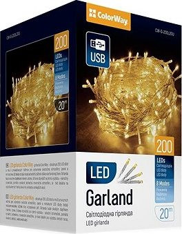 ColorWay CW-G-200L20U, LED raťaz, 200× LED, Teplá biela, Dĺžka 20 m, USB