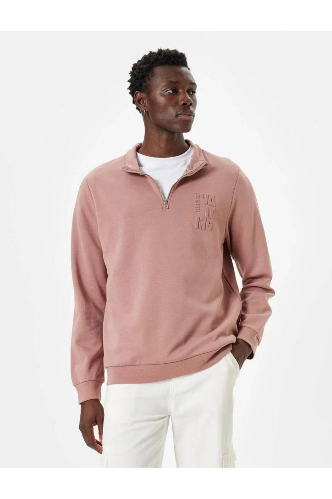 Koton Slogan Printed Sweatshirt Zipper Collar Cotton Interlock Fabric