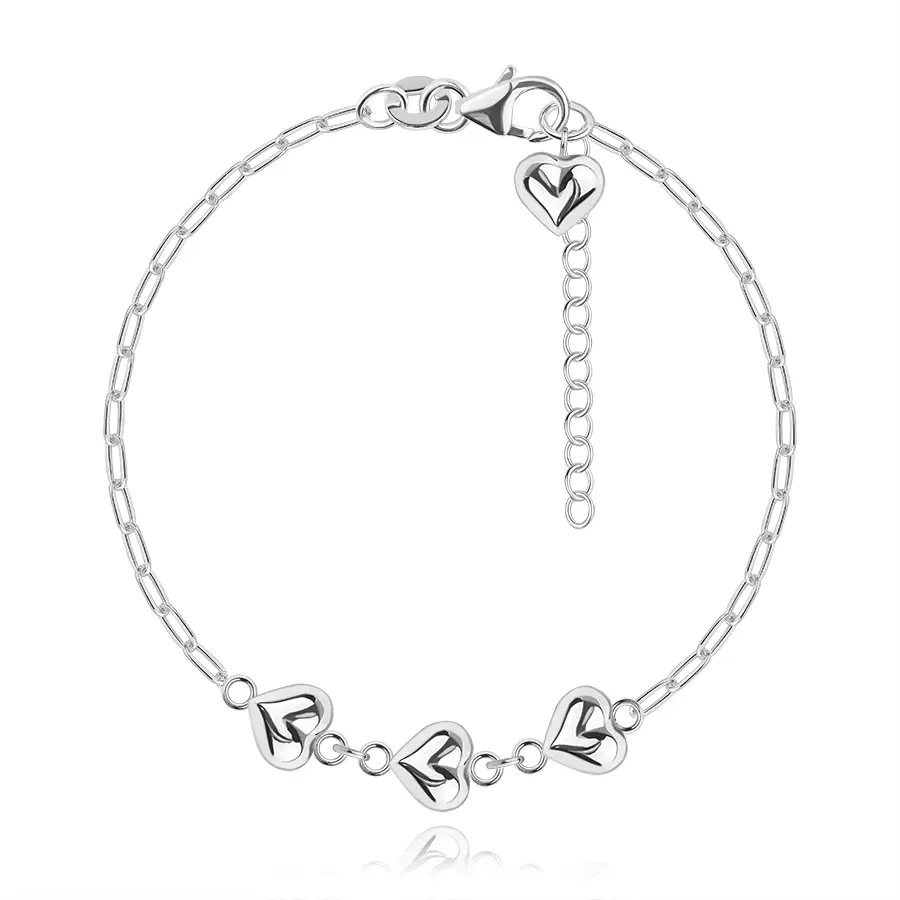 Náramok zo striebra 925 - vypuklé lesklé srdcia, podlhovasté očká