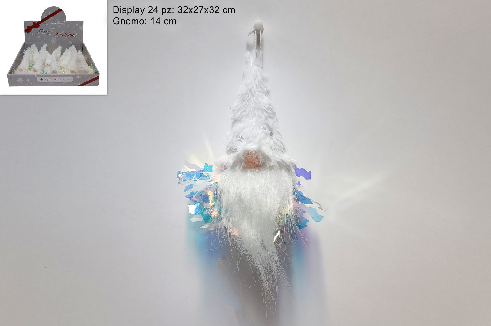 MAKRO - Škriatok závesný, 14 cm, biely s flitrami