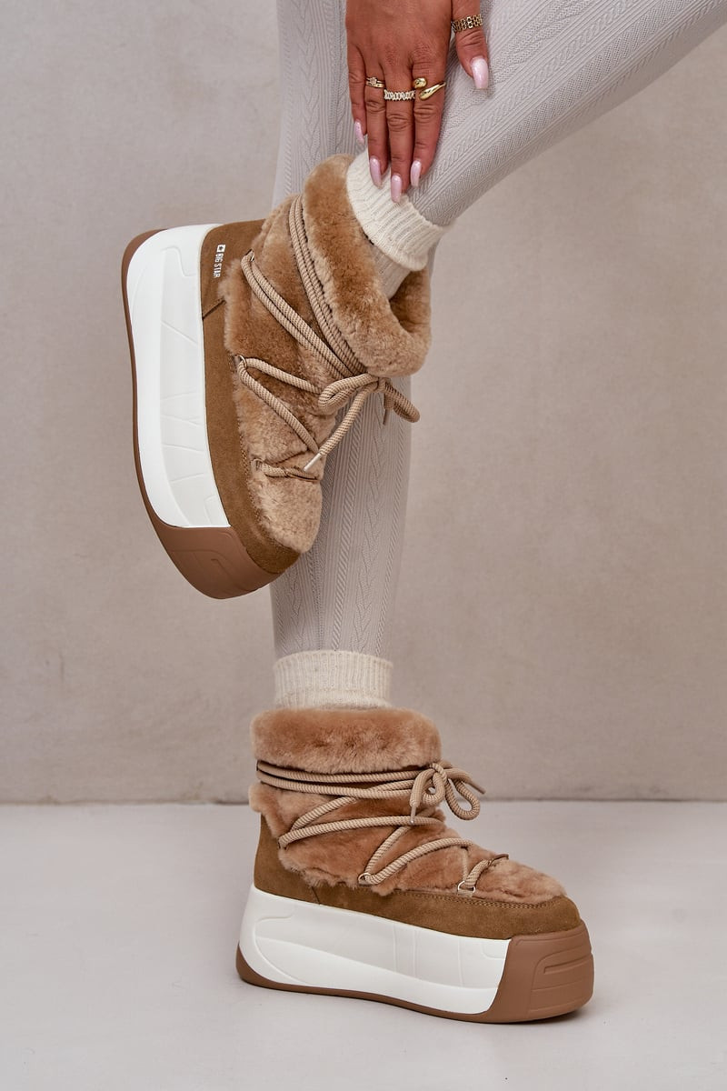 Leather women's snow boots on a thick sole with fur Big Star brown