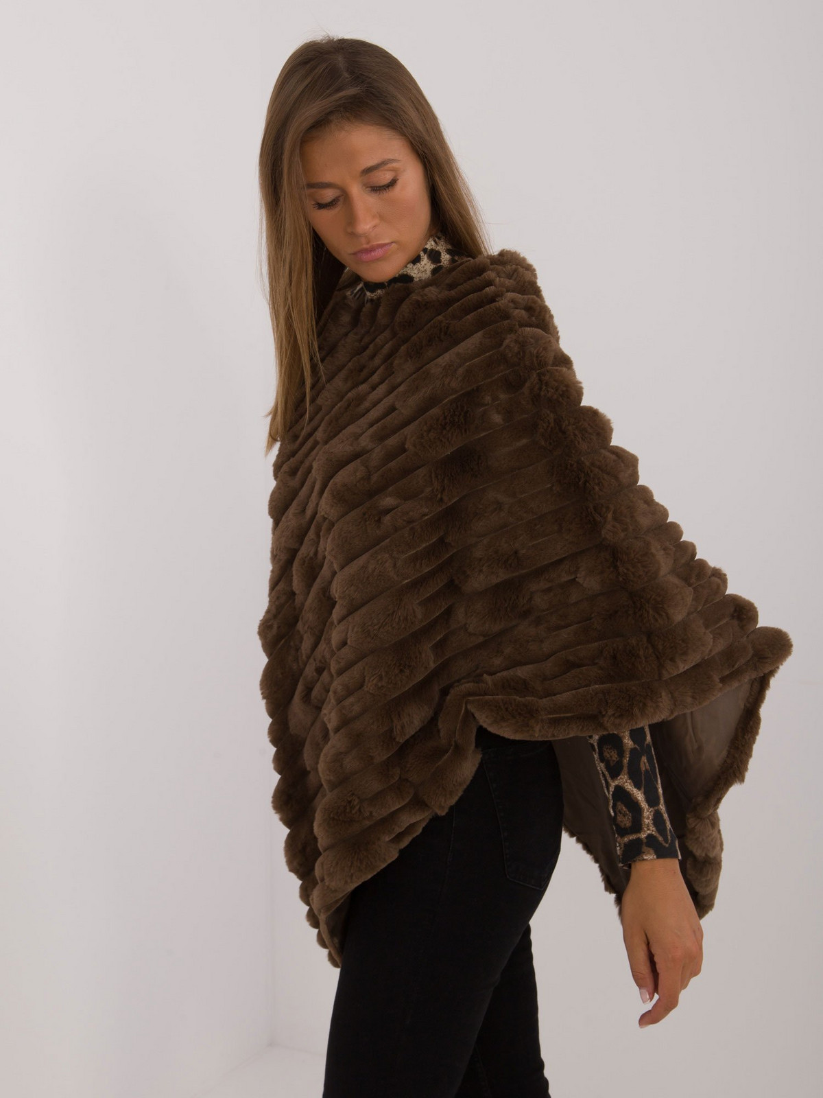 Dark brown warm eco-fur poncho