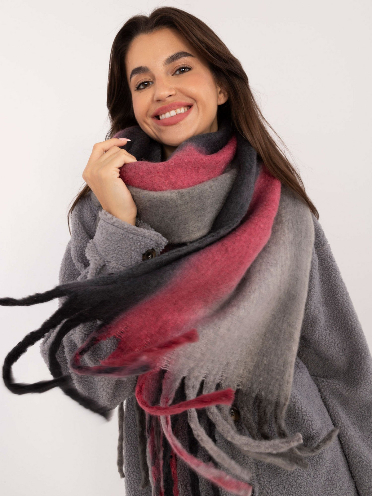 Grey and navy blue winter scarf with fringe