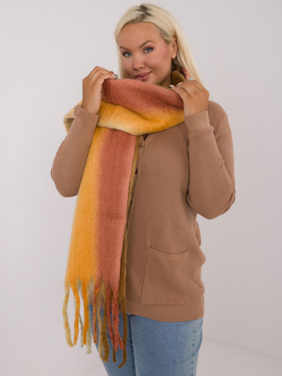Wholesale Beige And Orange Long Women's Ombre Scarf With Fringe