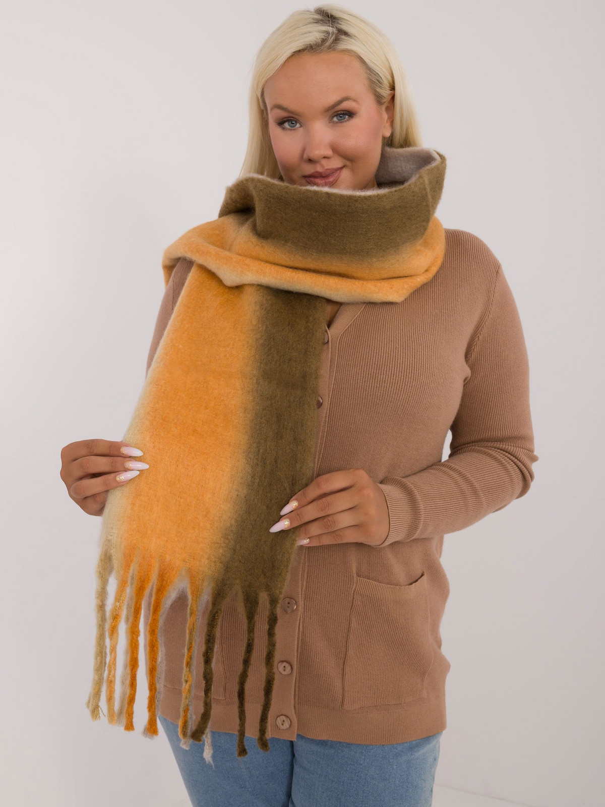 Khaki-Grey Ombre Women's Knitted Scarf with Tassel